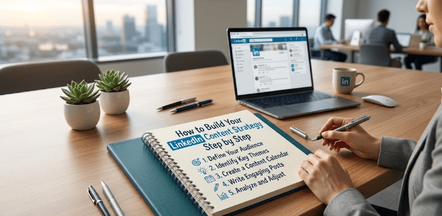A woman sitting at her workdesk with a notebook showing the linkedin content strategy