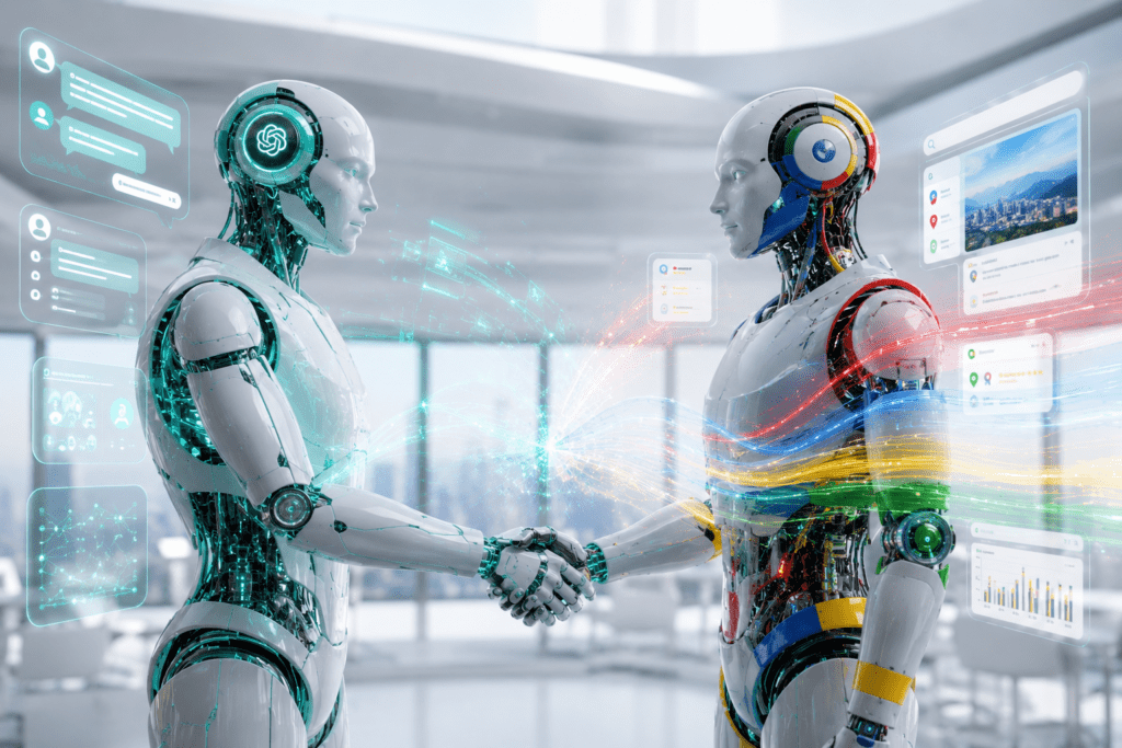 The future of search; An image of both chatgpr and google robots having a handshake 