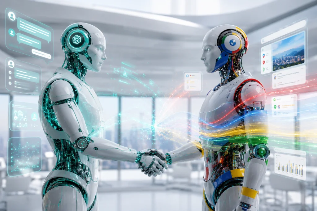 The future of search; An image of both chatgpr and google robots having a handshake