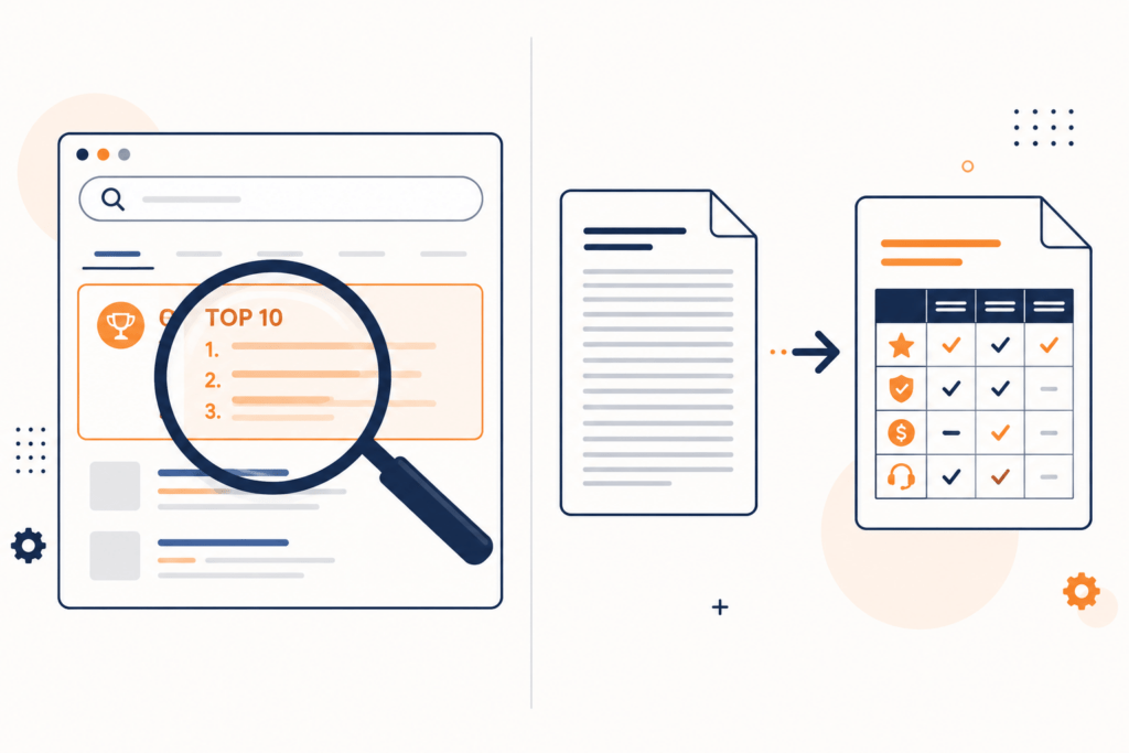 an illustration showing the journey from analyzing top-ranking content to restructuring information into a more useful comparison format