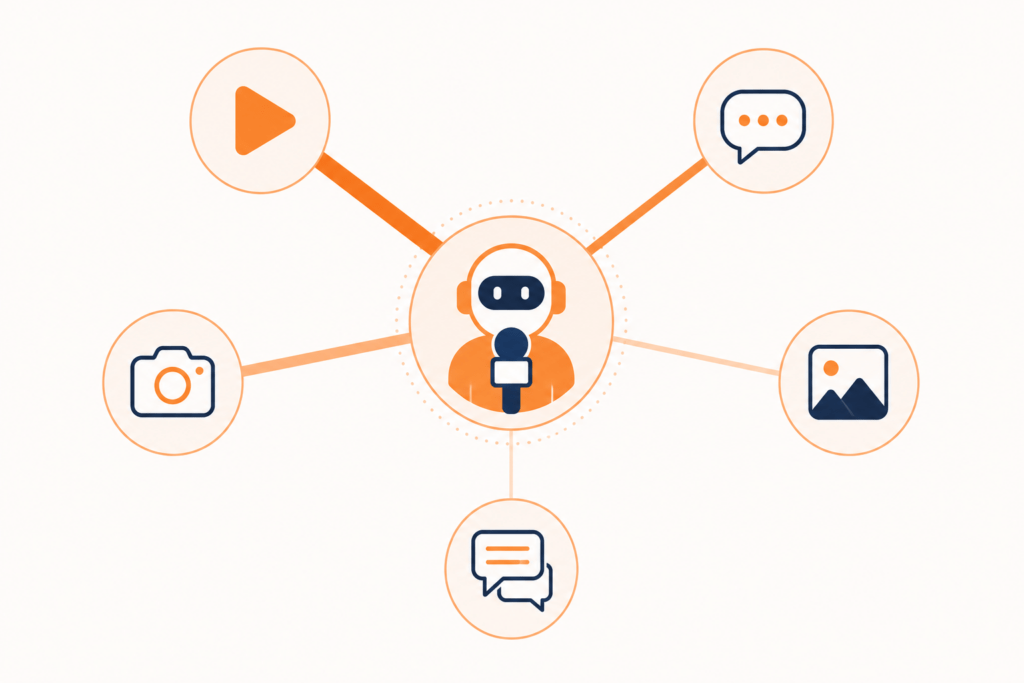 An illustration of a clear hub-and-spoke view of an AI reporter connected to multiple content channels, with line thickness subtly signaling different levels of influence.