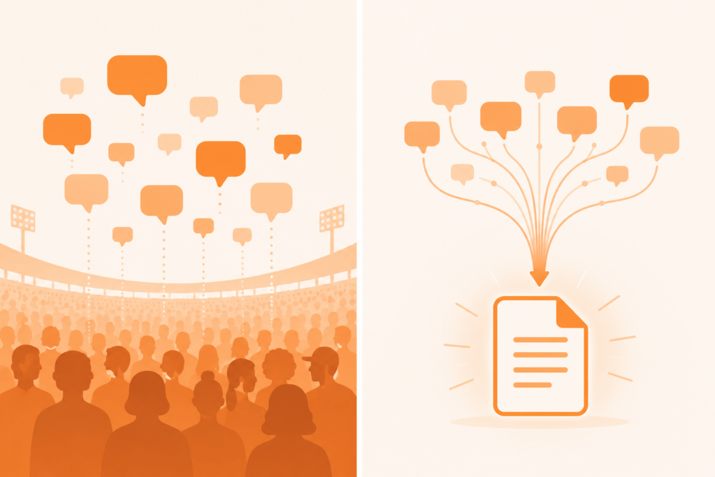 An illustration showing many individual voices being gathered and distilled into a single AI-generated answer, using a clean visual flow from crowd discussion to synthesized information.