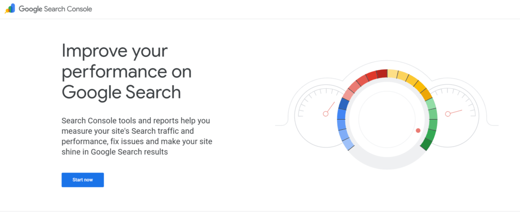 Add Social Media Profiles to Google Search Console; Google Search Console landing page showing a speedometer-style performance graphic and a 'Start now' button.