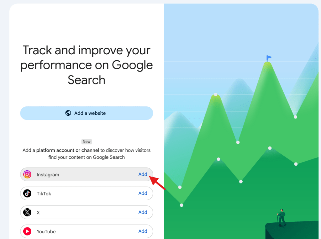 Close-up of the platform selection screen in Google Search Console, with a red arrow pointing to the 'Add' button next to the Instagram icon.