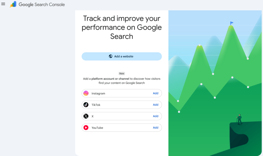 Google Search Console interface displaying the 'Add a website' option alongside new buttons for adding Instagram, TikTok, X, and YouTube platform properties.