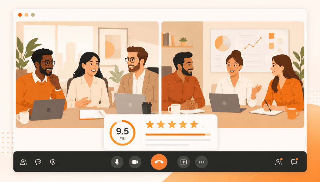 A modern video call screen showing two professional teams in a quarterly review meeting