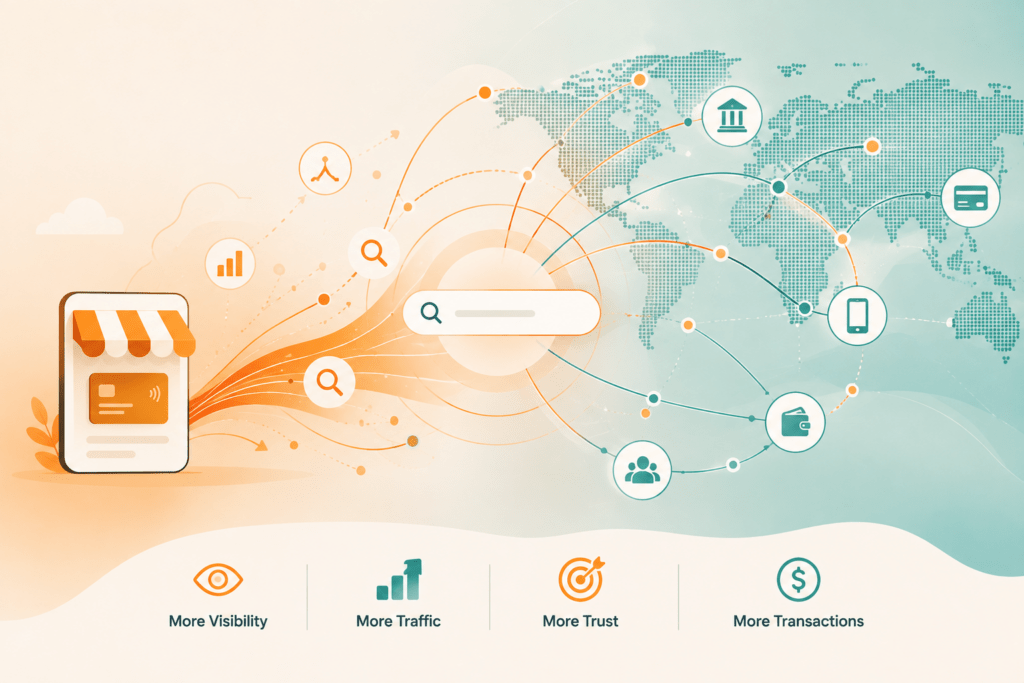 Abstract illustration representing a fintech and payments brand growing its online visibility