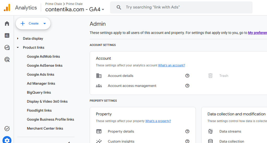 GA4 to BigQuery; GA4 Admin panel, showing BigQuery links under Product links 